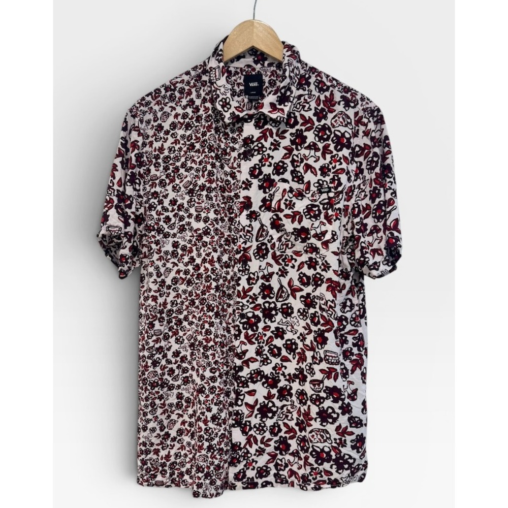 Vans Off The Wall Button Up Shirt Mens Large White Red Black Print